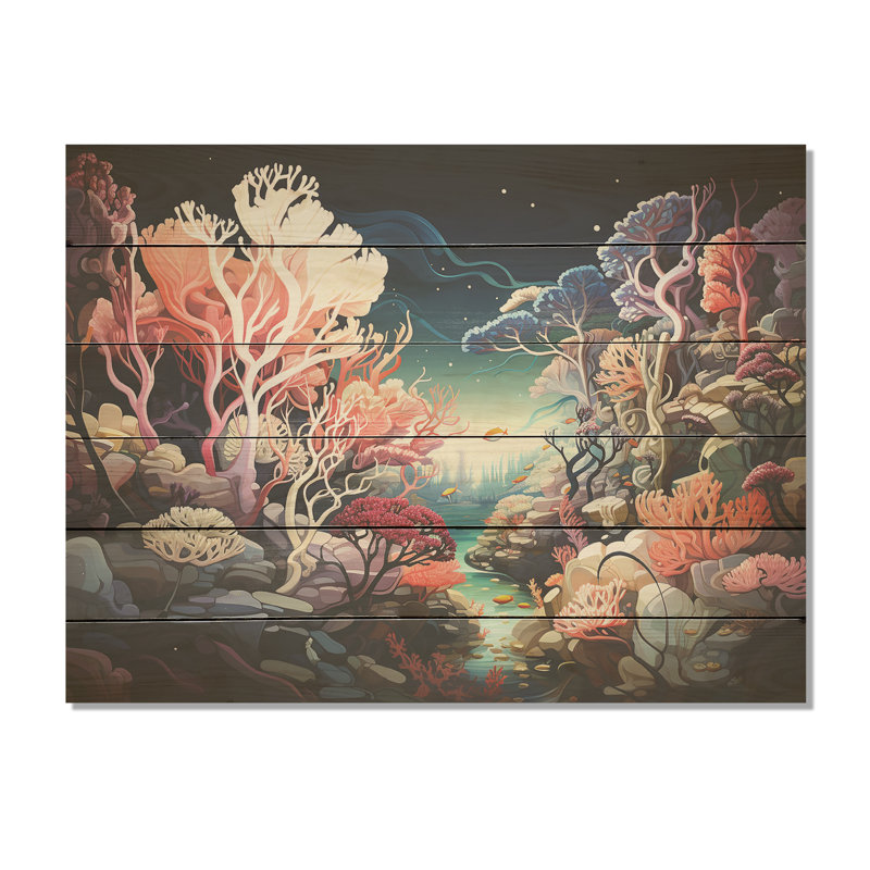 Coral World Expression I - Coastal Coral Under Water Wood, art mural sur bois de pin naturel, H 10 po x l 20 po