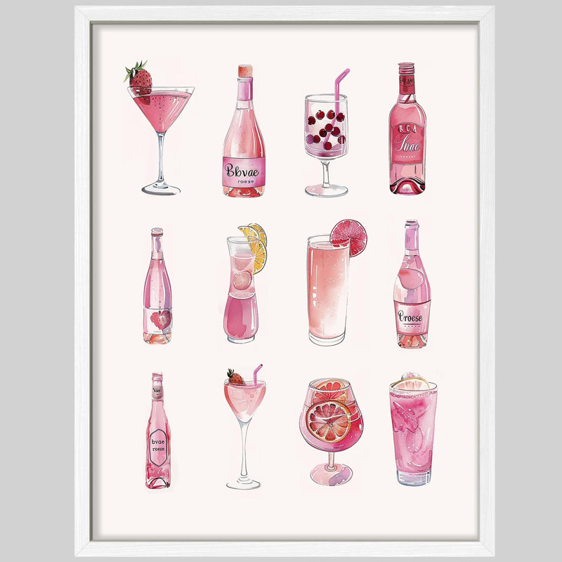 Petit cocktail rose avec illustration de boissons élégantes, H 16 po x l 12 po, Blanc