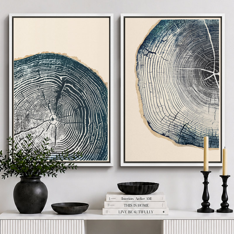 «Tree Ring», œuvre de souche en bois bleu marine, images murales simples et rustiques modernes, ensemble de 2 reproductions d'art sur toile, 16 x 24 x 2, 24 x 36 x 2