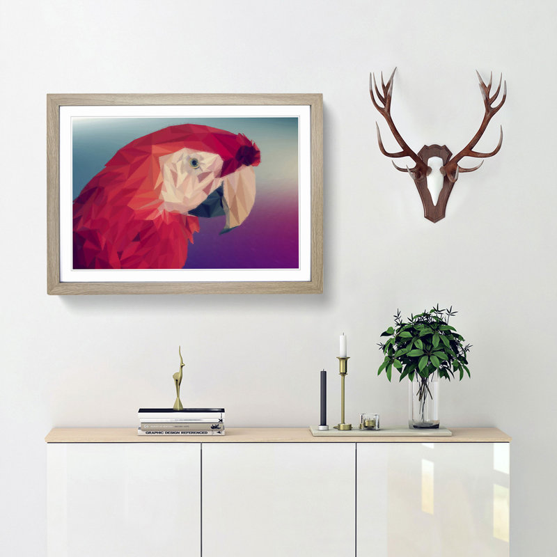 Geometric Scarlet Macaw Parrot in Abstract - Framed Print, Oak Framed, 48cm H x 65cm W x 2cm D