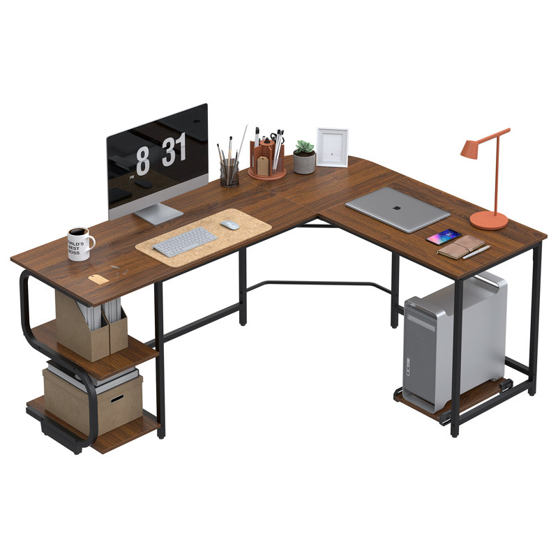L-Shaped Metal Base Computer Desk, Dark Teak/Black, 29.3" H x 68.9" W x 53.1" D