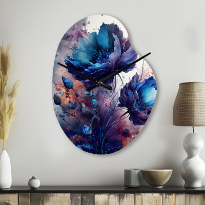Khem Vibrant Blue Flower Bouquet II - Bouquet Unique Shape Metal Wall Clock, Blue Asymmetrical Clock Print