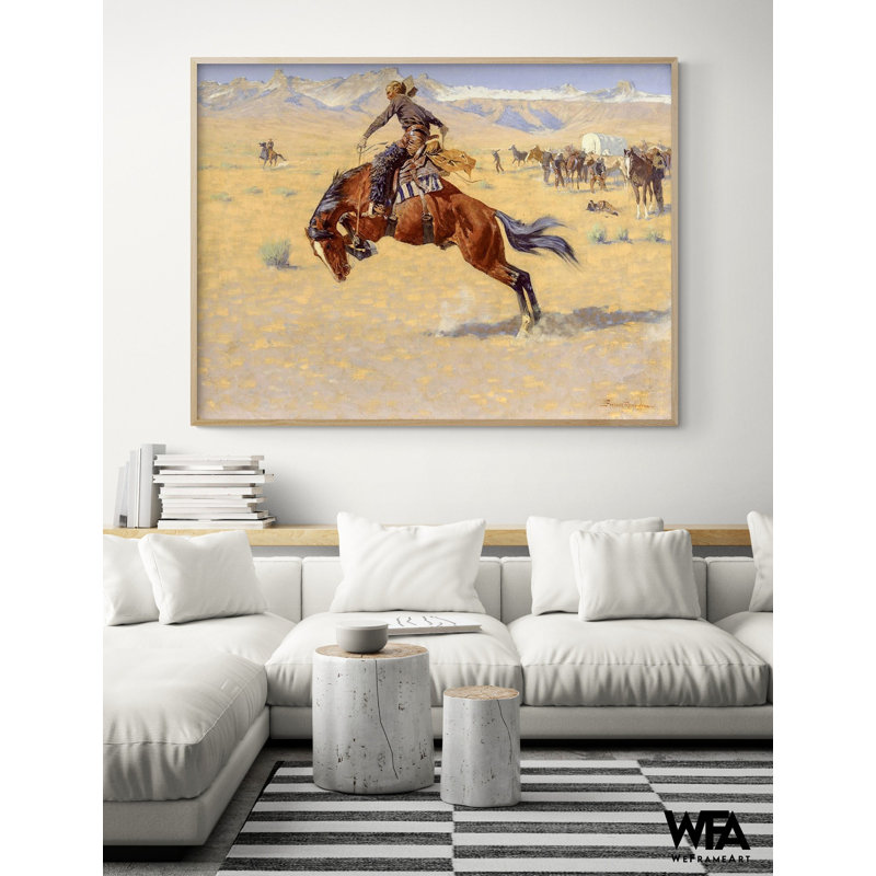Imprimé de cowboy à cheval Bucking, Non, H 36 po x l 48 po, Encadrement brun clair