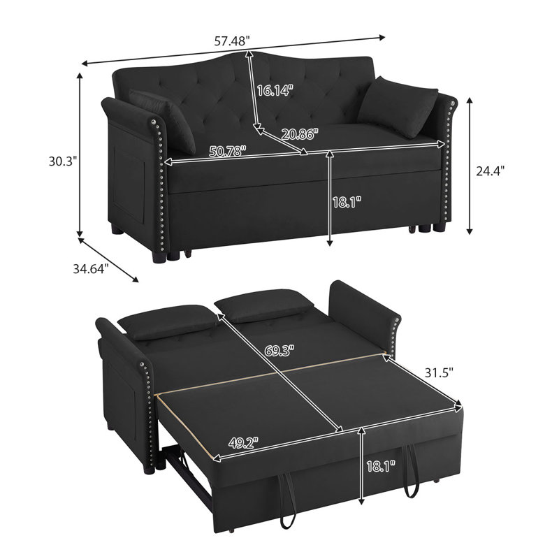 57.5'' Upholstered Velvet Sleeper Sofa Bed, Black