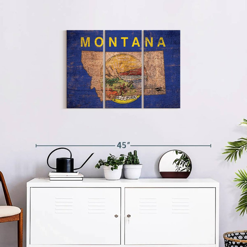 " State Map Over Montana Flag " by Echoes Of America 3 - Pieces, 33" H x 20" W