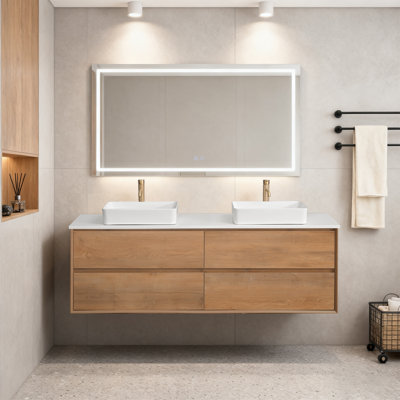 72Inch Wall Mounted Double Sinks Bathroom Vanity With Quartz Top