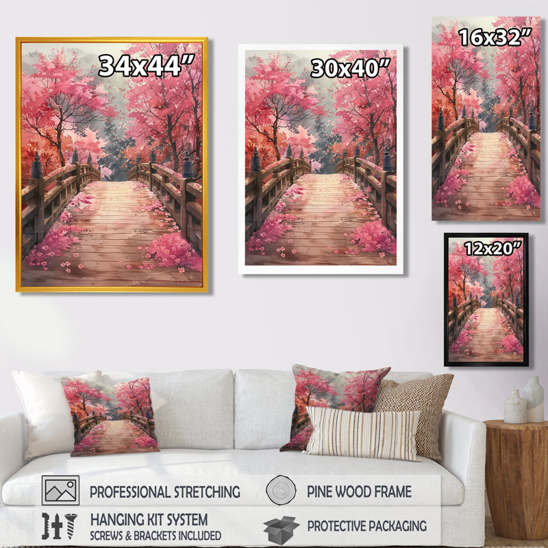 Décoration de pont rose et brun avec pont de rêves en fleurs I - Ponts, Toile tendue, H 12 po x l 20 po