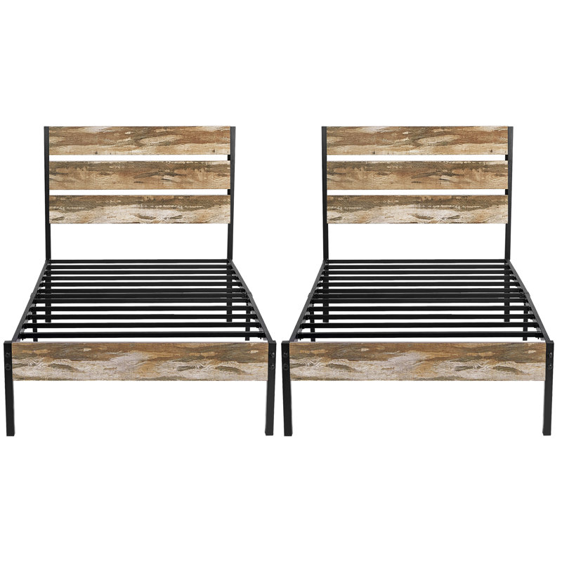 Ensemble de lit de style campagnard rustique 2 pièces Sakari, cadre de lit plateforme en métal 2 pièces avec tête de lit en bois, sommier avec support à lattes en métal robuste, aucun sommier requis
