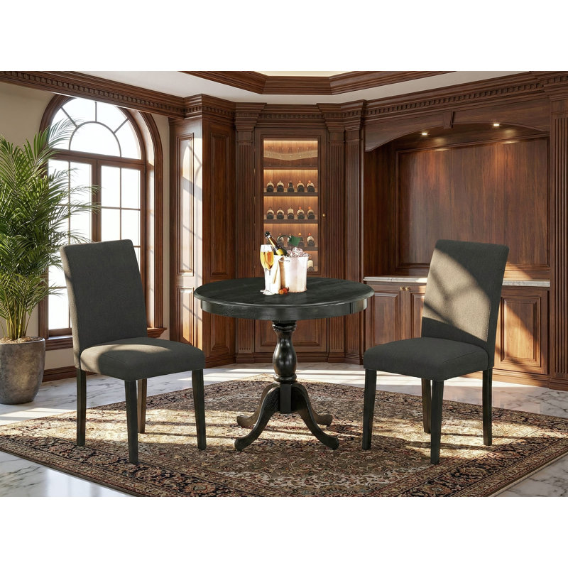 3 Piece Modern Dining Table Set Contains a Round Kitchen Table with Pedestal and 2 Black Color Linen Fabric Upholstered Chairs, Wire brushed Black