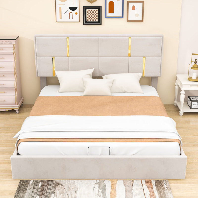 Grand lit plateforme tapissier avec système de rangement relevable et tête de lit Sabreea, Beige