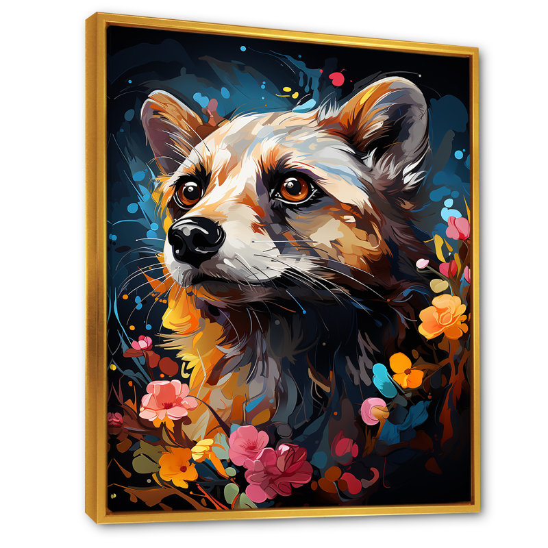 Yellow Dog Floral Meadows - Art mural chien, H 32 po x l 16 po x P 1 po, Cadre flottant doré