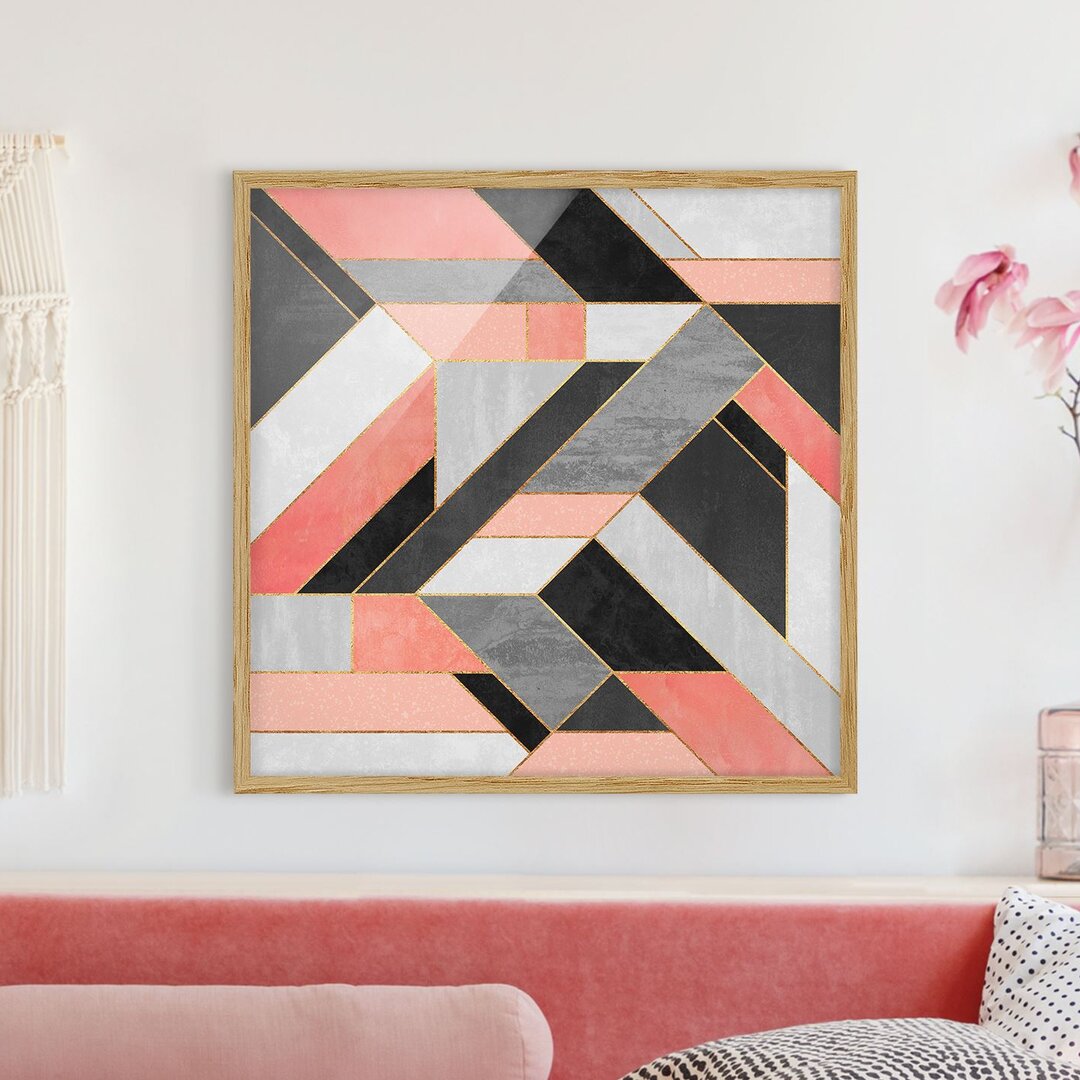 Gerahmtes Poster Geometry in Rosa/Gold