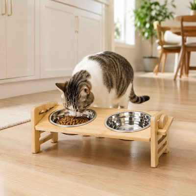 Mangeoire inclinée surélevée en bambou avec bols en acier inoxydable pour chats, petits chiens moyens et bouledogue français
