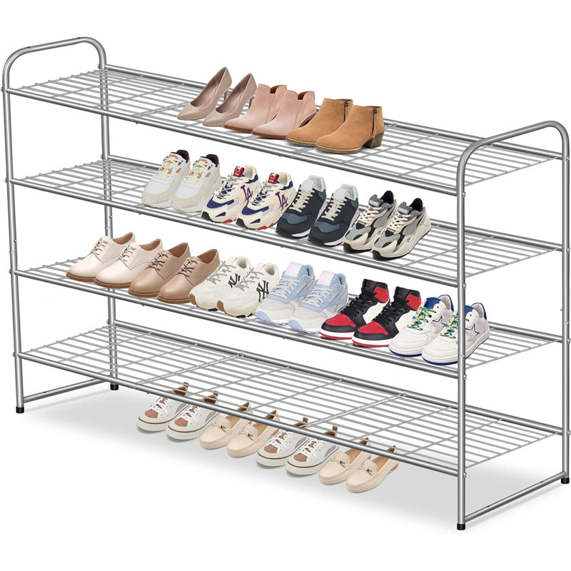 Long 4 Tier Shoe Rack For Closet Metal Wide Shoe Organizer For Entryway, Bedroom, Floor, Holds 30 Pairs Men Sneakers Stackable Shoe Storage Shelf With Wire Grid