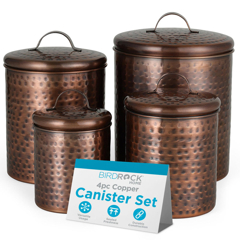 Ensemble de 17 contenants alimentaires 17 pièces | Cuivre martelé antique avec couvercles hermétiques | Contenants de métal rustique pour la farine, le sucre et les ingrédients de cuisson | Organisateur de comptoir de cuisine Farmhouse