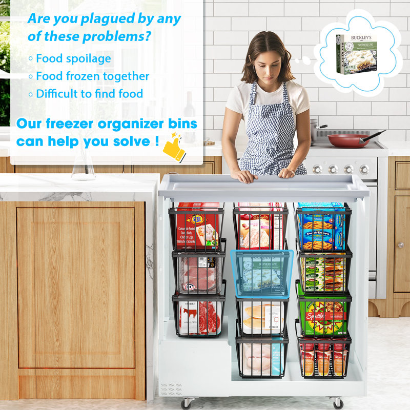4 Pack Freezer Organizer Bins Stackable Chest Freezer Organizer with Foldable Handle for 5-7 Cu.FT Deep,Black