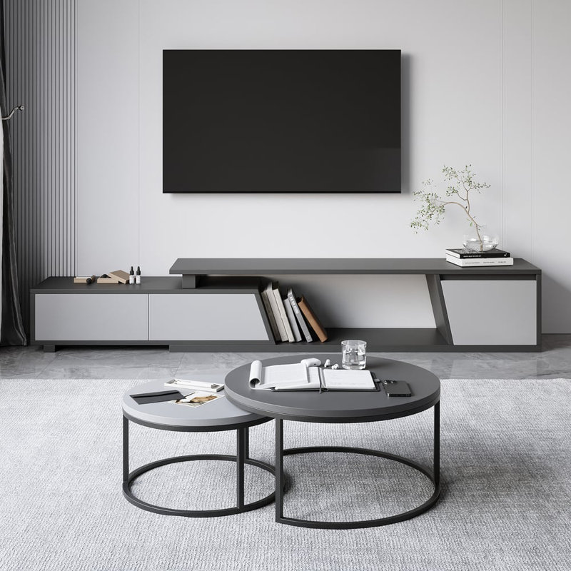 71"-110" Extendable TV Stand & Nesting Coffee Table Set with 3 Drawers Open Storage Credenza, Gray