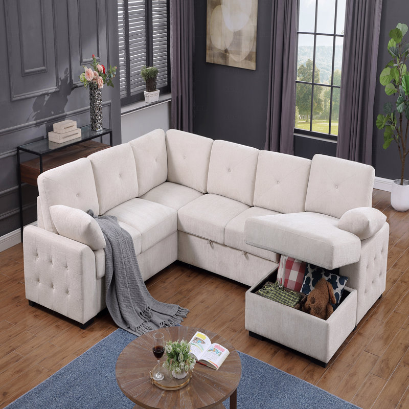 Multi - Functional L - Shaped Corner Sofa With Storage And Convertible Bed Features, Beige Chenille
