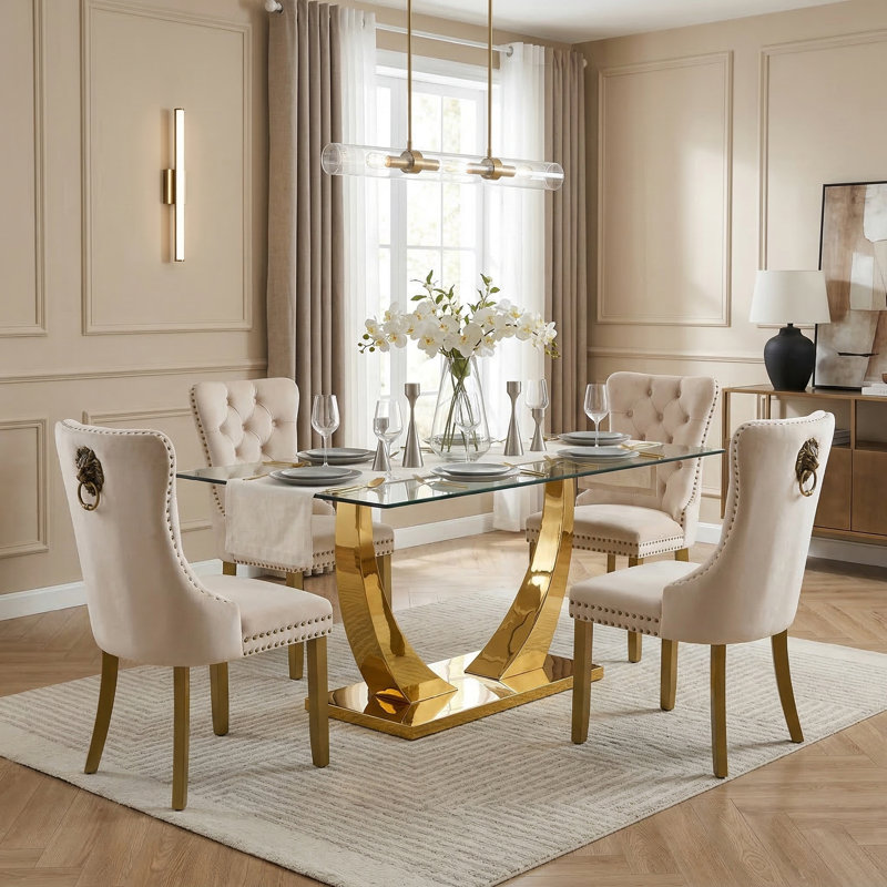 Modern 63" Rectangular Tempered Glass Dining Set with Pedestal Base and Tufted Velvet Chairs, Beige, Gold