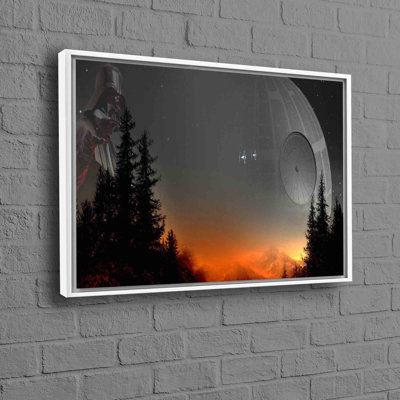 Star Wars Inspired Modern Wall Decor Featuring a Sunset Landscape Art with Forest and Death Star Imageries in an Abstract Style