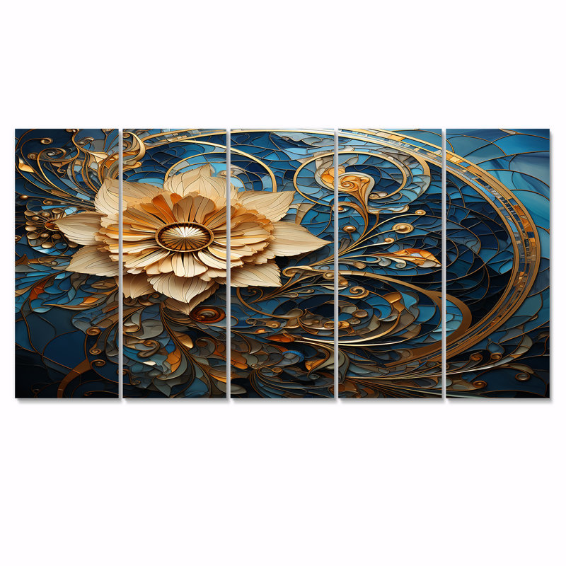 Ensemble de 5 décorations murales florales abstraites sur fond bleu, H 28 po x l 60 po