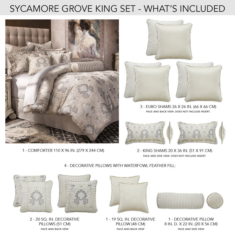 Ensemble d'édredon Sycamore Grove - Argent, Édredon pour lit très grand + 5 taies décorativ
