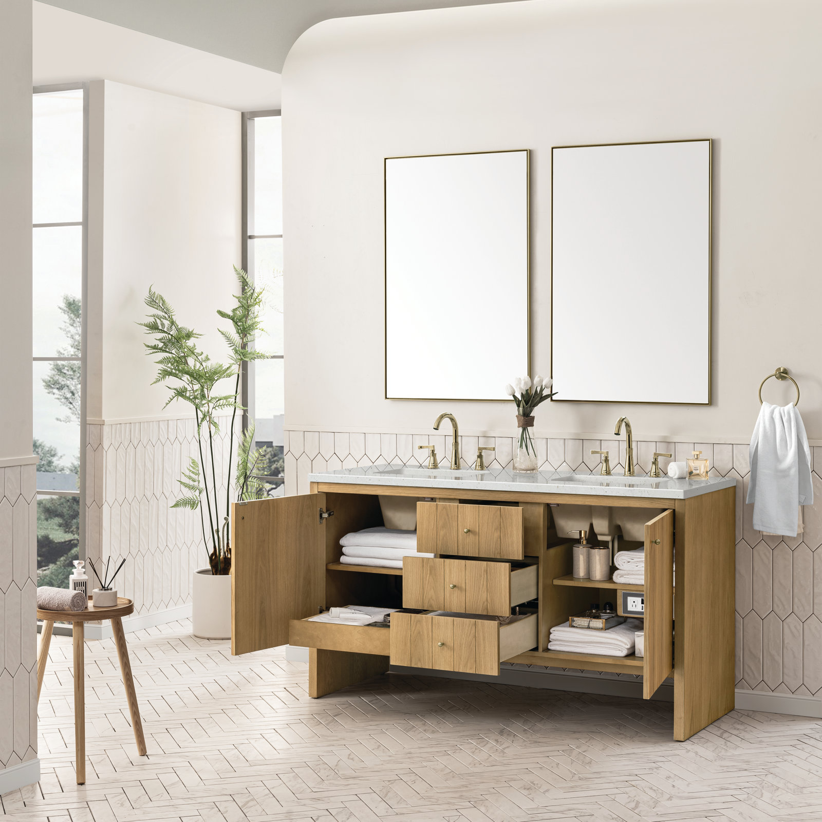 Hudson 60'' Double Bathroom Vanity, Lime Delight, 8" Widespread, Light Natural Oak