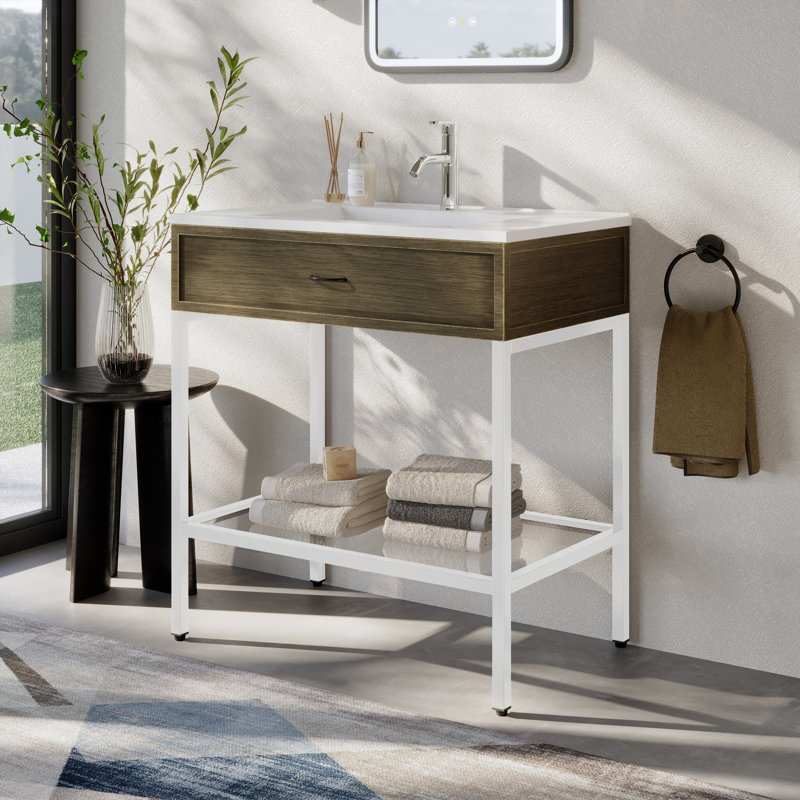 Meuble-lavabo moderne 31 po en acier inoxydable blanc mat avec lavabo intégré, tiroir décoratif, tablette en verre trempé pour appartements modernes, salles de bain principales et d'invités