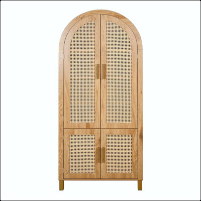71" Tall Arched Cabinet with Rattan Doors and Adjustable Shelves
