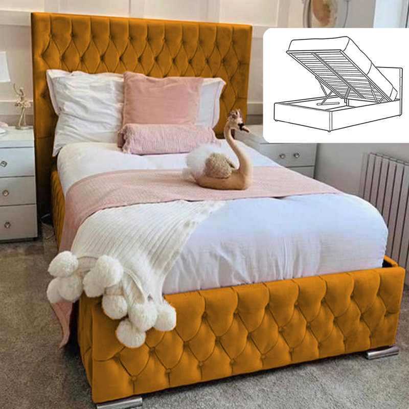 Delafuente Chesterfield Wingback Ottoman Storage Bed - Curved Velvet Upholstered Bed Frame, Kingsize (5'), Mustard