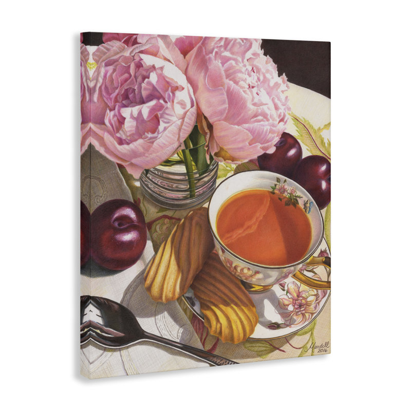 «Tea with Pivoines & Plums», art mural sur toile par Mardell Schuster, H 40 po x l 30 po