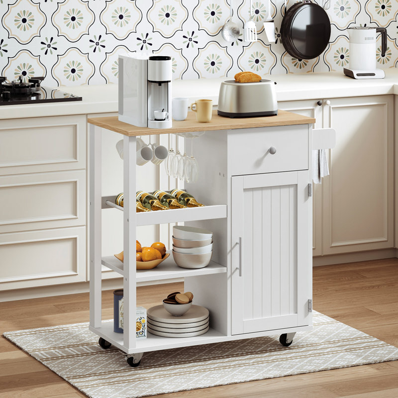 31.5*35.2*15.7 Kitchen Island Kitchen Cart With Three Shelves, One Drawer And One Cabinet, With Universal Pulleys, Equipped With Towel Rack And Side Hooks
