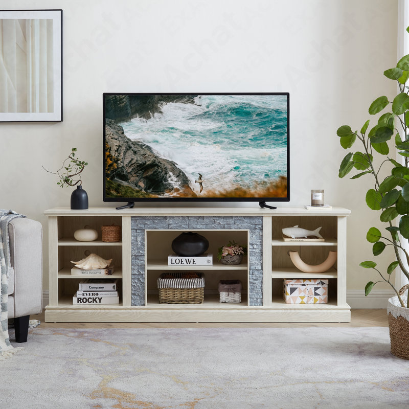 Large TV Desk Storage Rack With Faux Stacked Stone Surround,Media Console Table With Large Storage Cabinet,Modern TV Media Entertaionment Stand,WHITE, 70.12"W*15.35"D*25.83"H