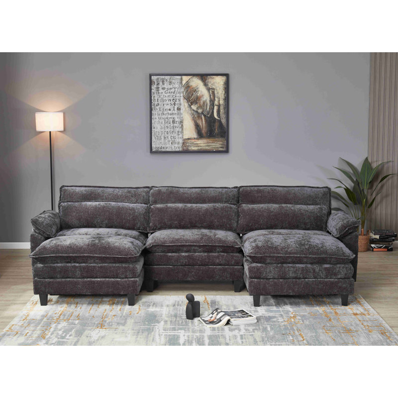 Luqi 3 Seater Modular Sectional Sofa Large U Shaped With Ottoman, Black
