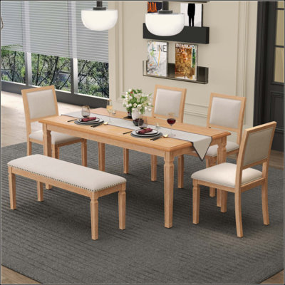 Vintage Extendable Dining Table Set For 6 With 4 Chairs & Bench, Rustic Farmhouse Kitchen Table Set With Distressed Finish And Retro Carved Legs