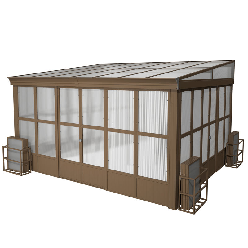 12x14ft Lean-to Aluminum Gazebo Sunroom With Sloping Polycarbonate Roof, Detachable Polycarbonate Screens And 2 Lockable Sliding Doors