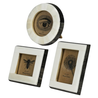 Frames, Set/3, White Bone / Chiseled Horn  Sq: 3" x 3" x 0.5, Rnd: 3.5" x 3.5" x 0.5", Rect: 3" x 4" x 0.5"