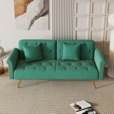 Plush Beige Velvet Convertible Sofa Bed With Decorative Nail Heads