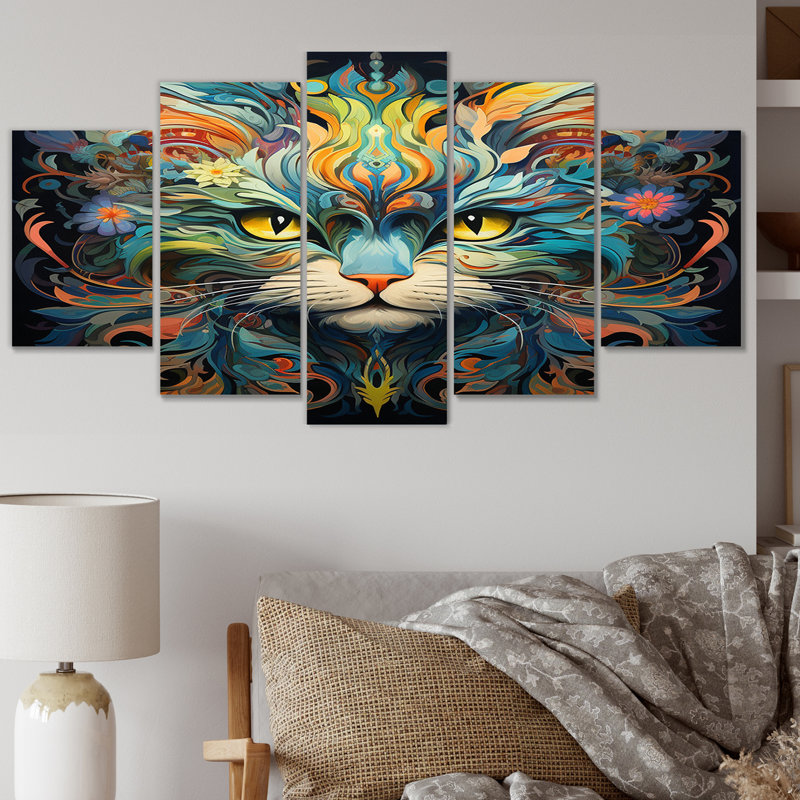 Chat sarcelle cosmique avec regard mystérieux - animaux, art mural sur toile, 5 panneaux