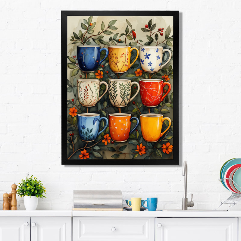 Tasse de café rouge et bleu Boho Morning - décor mural café, H 12 po x l 20 po, Cadre simple noir