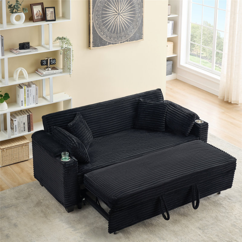 Jeffrey Convertible Corduroy Sofa Bed with Adjustable Backrest & Cup Holders, Black