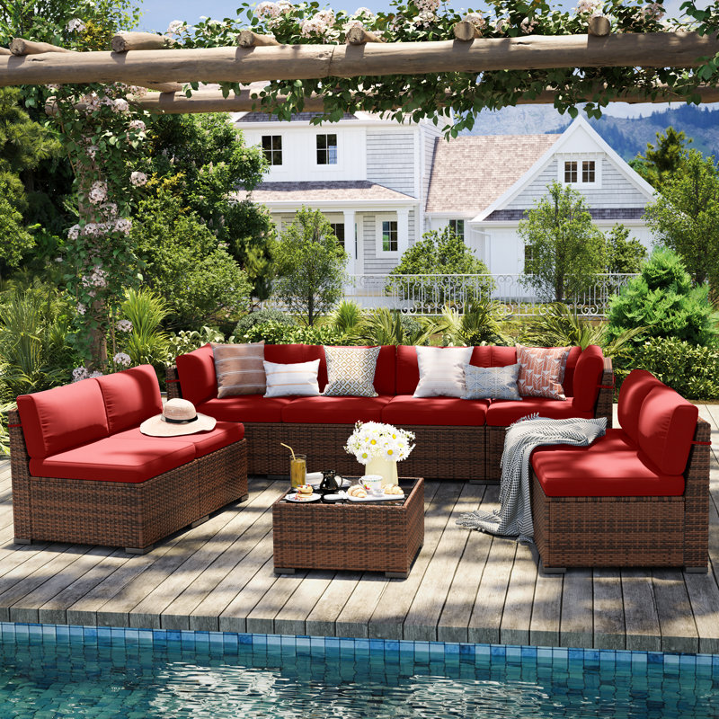 8 Person Rattan Sectional Seating Group With Cushions, Red, No