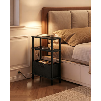 Narrow Side Table with Charging Station, Slim End Table with Fabric Basket, Compact Nightstand for Small Spaces, Sofa Table for Living Room and Bedroom, Black