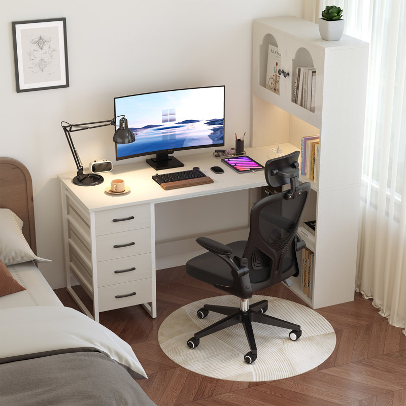 Bureau en L 52 po avec lumières DEL et prises de courant, Blanc / blanc