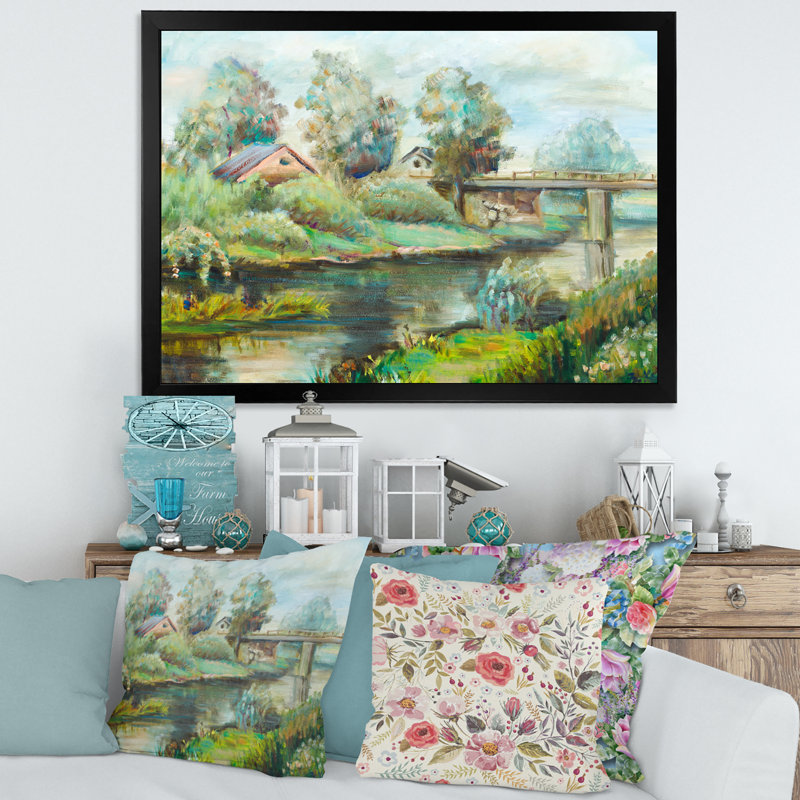 Pont sur la rivière dans un paysage rustique - peinture sur toile, H 12 po x l 20 po x p 1 po, Cadre photo noir