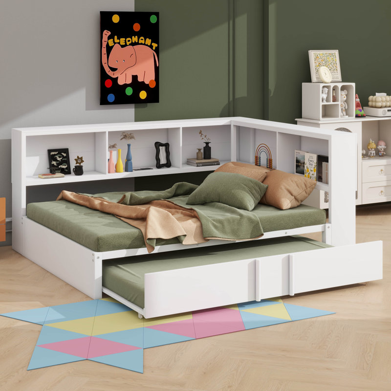 Lit de jour fonctionnel en métal avec lit gigogne escamotable et compartiments de rangement intégrés, Blanc
