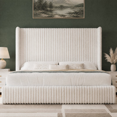 Faux Fur Upholstered Platform Bed Frame With Tall Headboard, Wingback Bed With LED Lighted Headboard