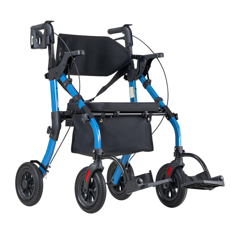 Fauteuil roulant et de transport 2 en 1 pour personnes âgées en aluminium, aide à la mobilité pliable avec siège, bleu