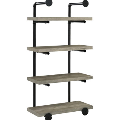 Tablette murale noire en métal Driftwood de 24 pouces - Chic industriel, 4 tablettes, pour un bureau élégant, un salon, une cuisine