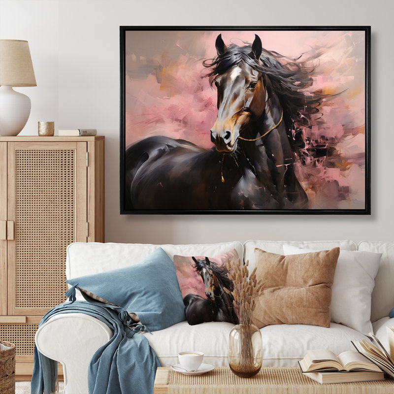 Cheval rose brun vibrant rose équin I - imprimé, H 16 po x l 32 po x P 1 po, Cadre flottant noir